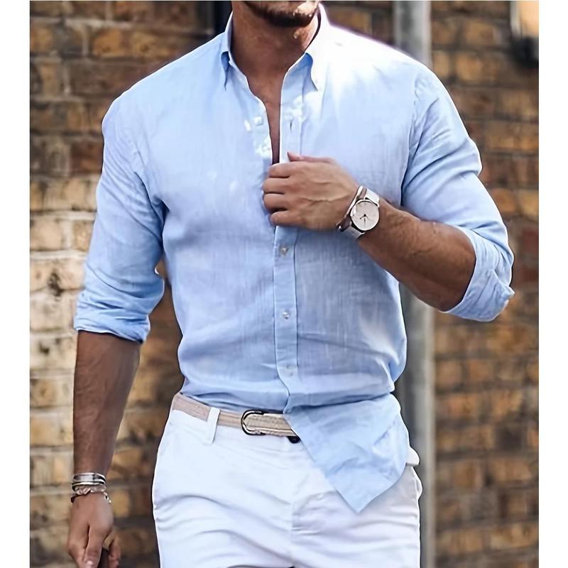 Cotton Linen Long Sleeve Shirt Solid Color Polo Collar Casual Style Shirt 5