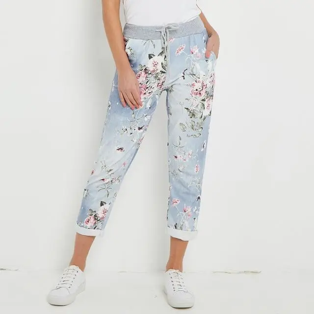 Womens Floral Print Turn Up Summer Bottoms Trousers Ladies Italian Joggers Pants 2