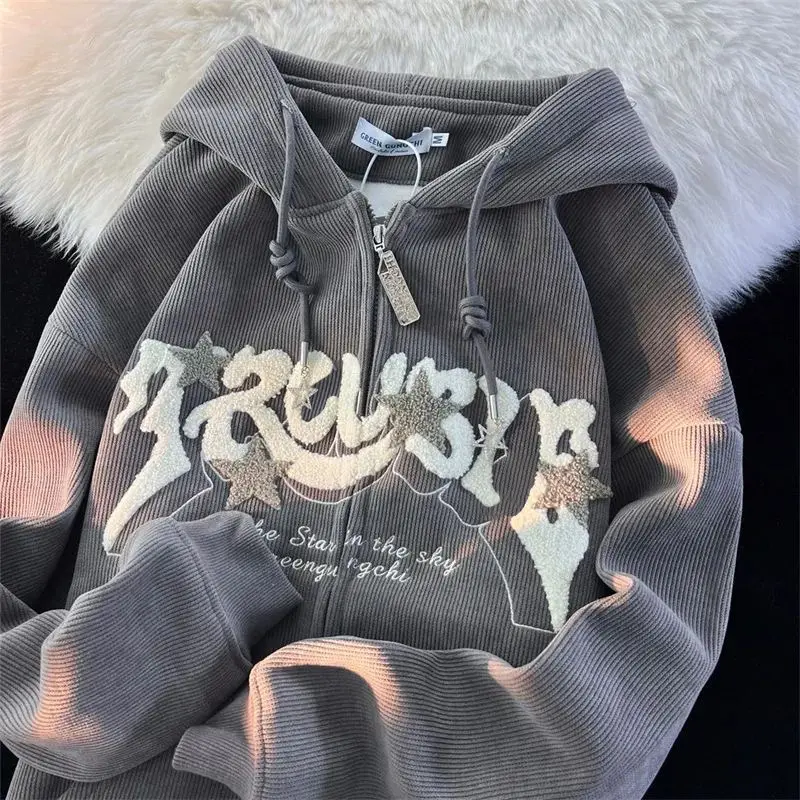Fashion Embroidery Zip Up Hoodies Women Autumn Long Sleeve Tops Loose Hood Shirt Harajuku Y2K Clothes Female Sweatshirt Jacket Womenswear Comfort