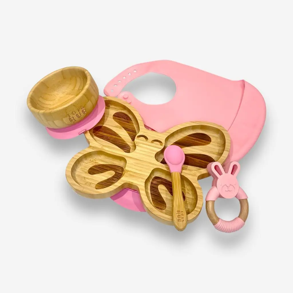 Butterfly Shaped Bamboo Suction Plate & Dinner Gift Set - Pink Blue Grey