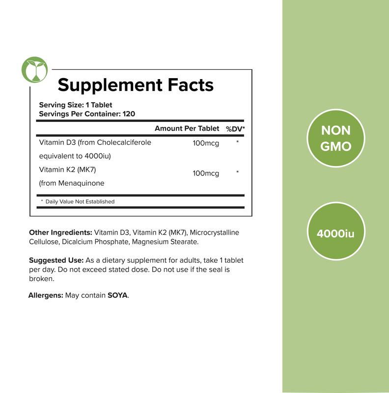 Vitamin D3 and K2 MK7 Tablets - 3rd Party Tested Dietary Supplement 3