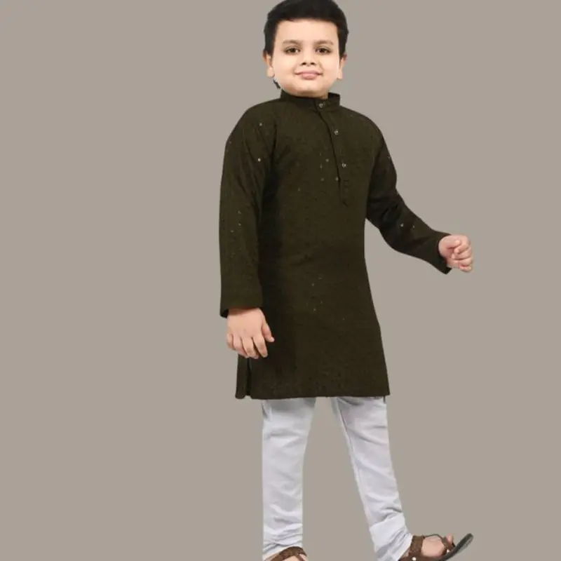 Boys Mehndi Green Chikankari Sequins Viscose Rayon Kurta Pajama Set