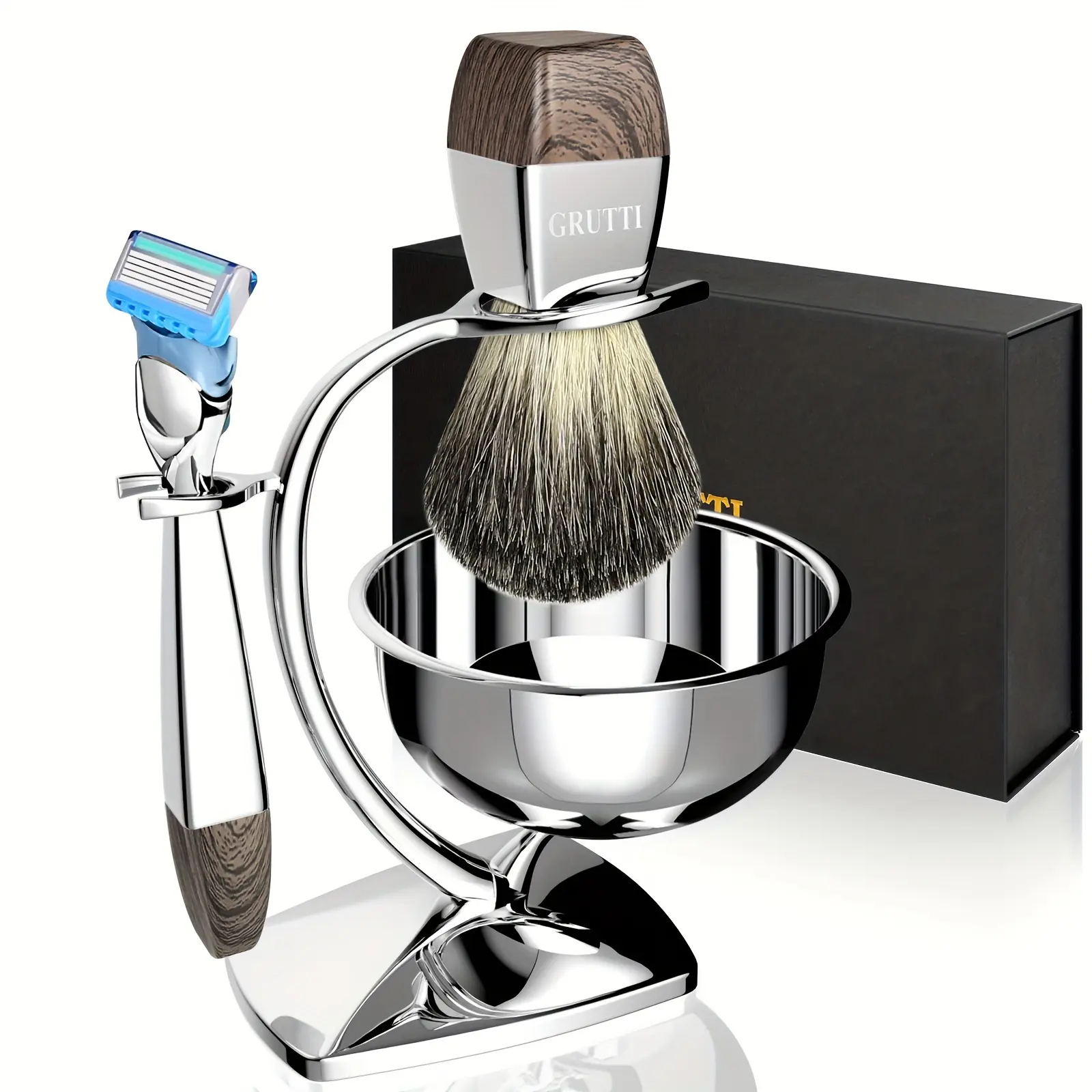 Men's Shaving Brush Set, 4 In 1 Shaving Brush And Shaving Bowl Set - Shaving Brush Holder + Shaving Bowl + Badger Hair-Like Shaving Brush + Razor (Manual Razor - 5-Ply Blade), Men's Manual Shaving Set