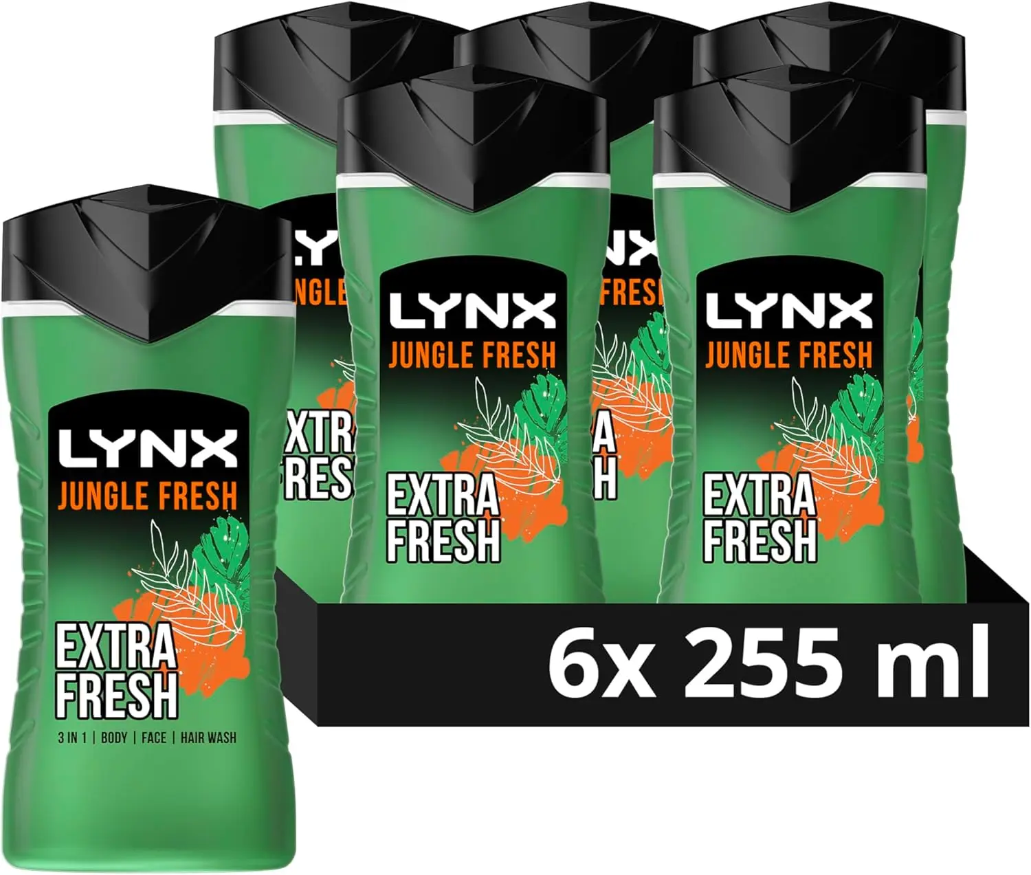 Lynx Jungle Fresh 3-in-1 Body Wash Hair, Face and Body Cleanser shower gel with a palm leaf & amber scent for men 6x 225 ml Pack