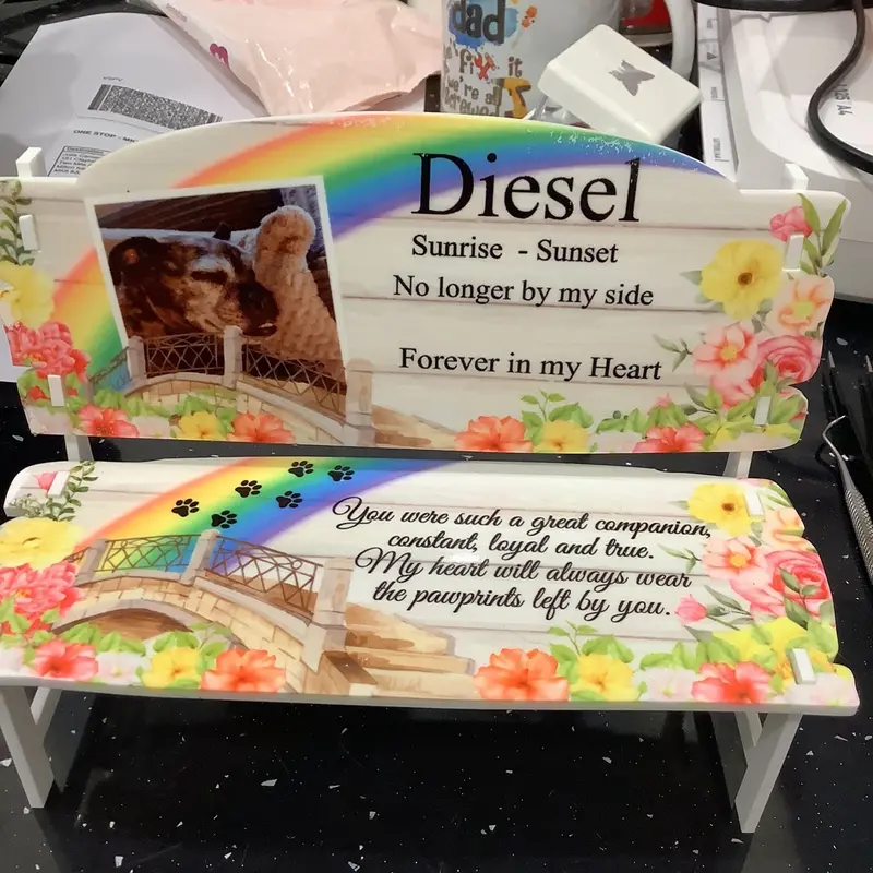 Pet memorial rainbow bench keepsake 1
