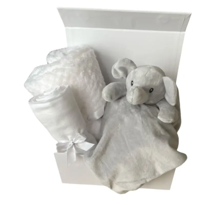 New Baby Hamper gift Unisex set Baby Blanket White Elephant Comforter Muslin Cloth - Gender Reveal Gift 0