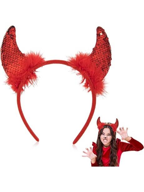 Red Feather Wings, Sequin Devil Horns with Headband, Sequin Fork - Halloween Devil Fancy Dress 3 Pcs Set 3