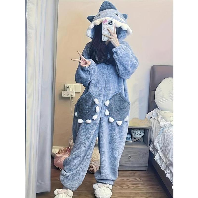Women's Cartoon Shark Design Pocket Drop Shoulder Plush Loungewear Onesie, Casual Cute Long Sleeve Hooded PJ Onesie for Fall & Winter, Lady's Sleepwear for Indoor Wear, Boo Basket Items for gf 2