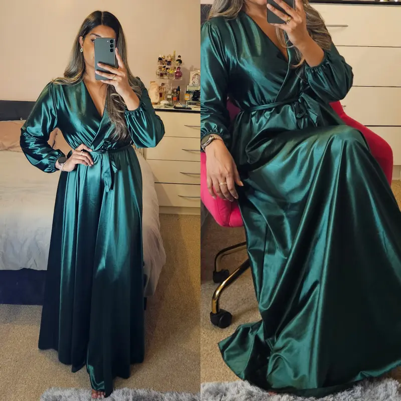 Women's Elegant Satin Dress with Shimmer Effect- Belted, V Neck Maxi, Elasticated Waist and Cuffs - UK Size 8-14 2