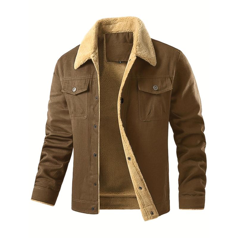 Men's Fashion Trendy Cotton Fleece-Lined Jacket, Casual Workwear Outerwear with Sherpa Collar, Button-Up, Multiple Pockets Menswear Coats Tops Underwear Long Sleeve Beige Human Tights Plain Longsleeves Collared 0