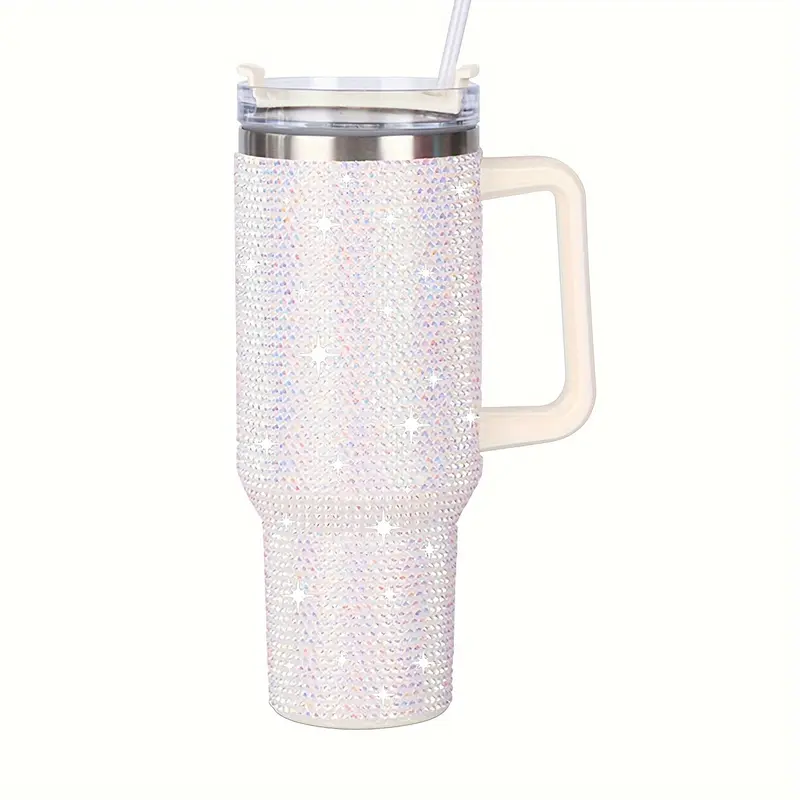 1pc 40 Oz Tumbler With Handle And Straw Lid, Studded Bling Diamond Tumbler, Stainless Steel Insulated Water Cup, Double Wall Travel Mug Fix For Car Cup Holder For Women 5
