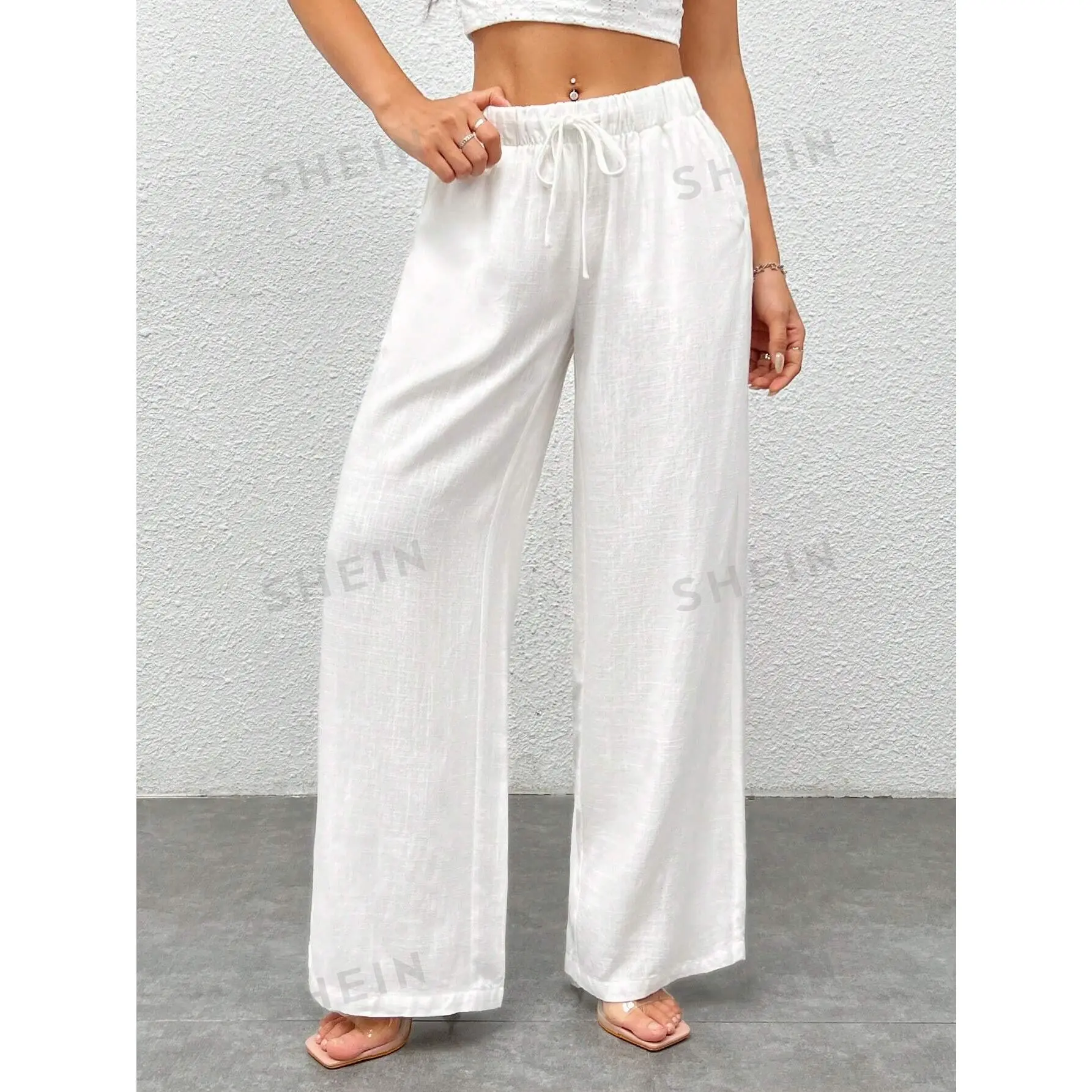 PETITE Women's Fashionable White Woven Wide Leg Pants, Versatile Style