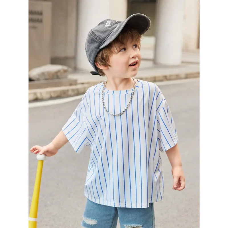 Young Boy 1pc Casual & Cute Vacation Cartoon Animal Group Print Ultra-Oversized Round Neck Drop Shoulder Short Sleeve White & Blue Striped T-Shirt, Suitable For Sports & Spring/Summer Seasons 1