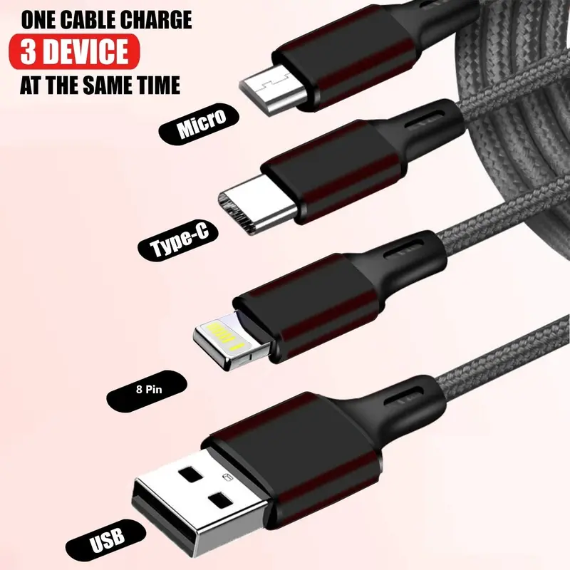 3 in 1 Fast Charging Cable With 3A Speed, Fast Charging Multi Purpose Cable, Type C Cable, Micro USB Cable And Lighting Cable In Black, Cellphone, Mobile Accessories Smartphone Charger 5