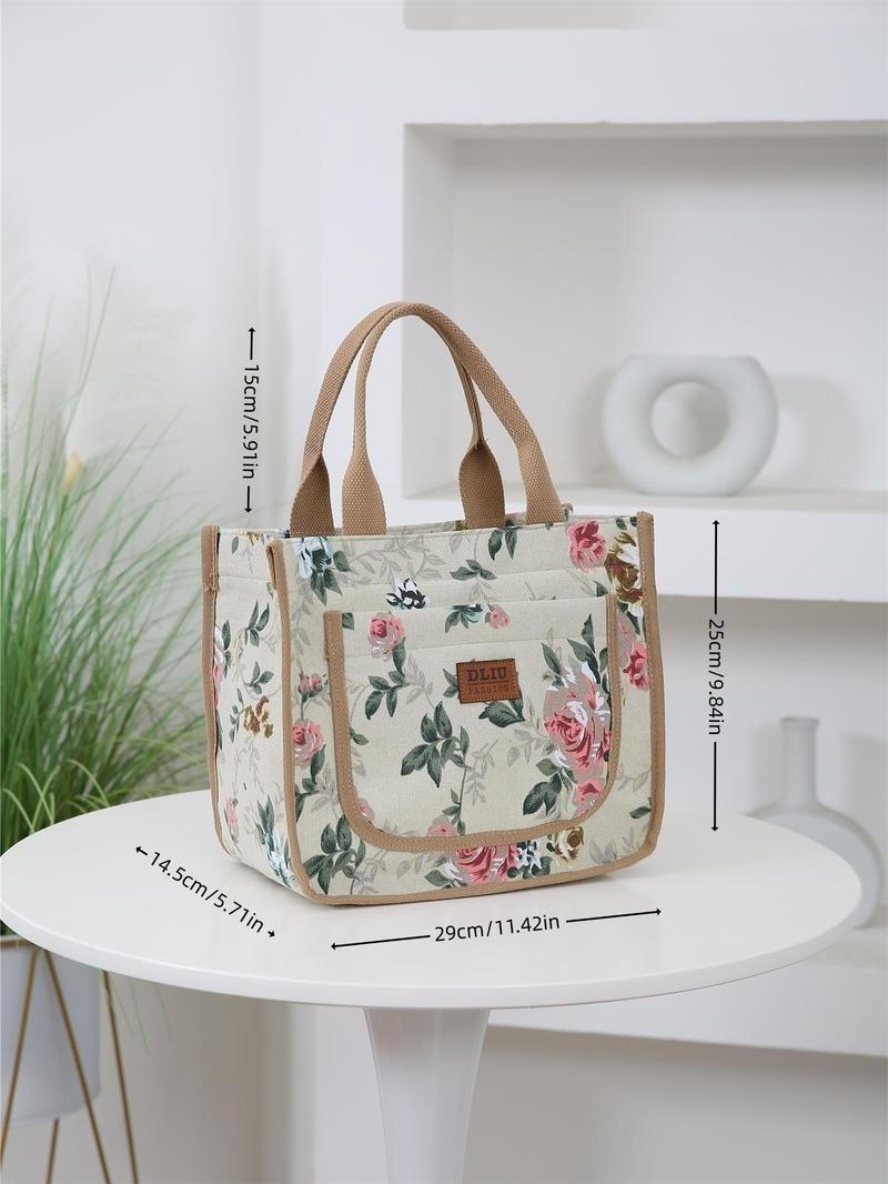 Product Introduction of Floral Print Lunch Bag, Large Capacity Storage Bag, Fashionable Zipper Handbag for Women & Men, Casual Trendy Versatile High-quality Daily Commuting Bag 5