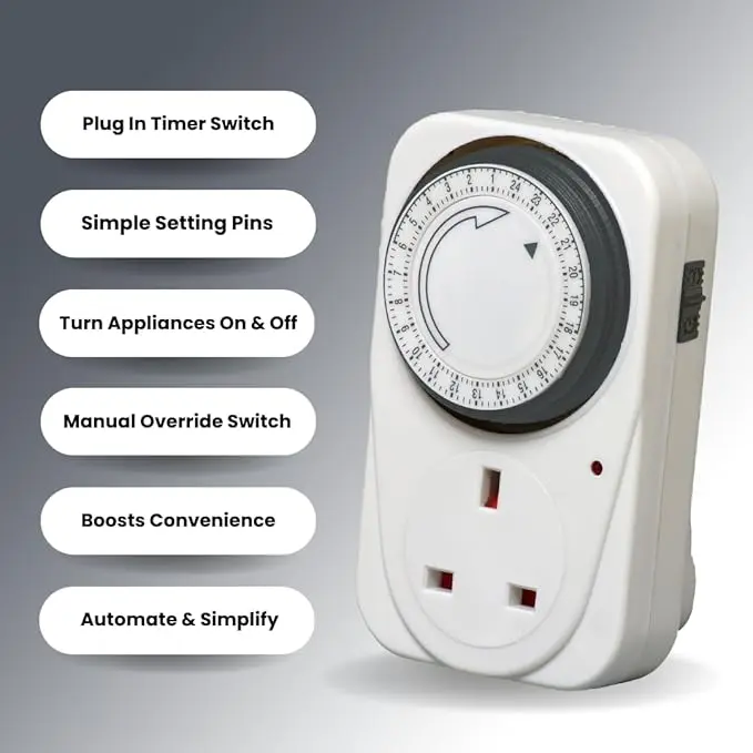24 Hour Segment Timer Switch - Energy Saver Plug Standard Size - Plug-in Timer Socket Set - 240v 3 Pin Plug With Programmable Time Controller 1