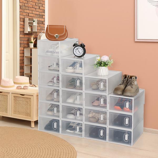 18 Boxes Set Clear Stackable Shoe Storage Box - Durable White Plastic Case Organizer for Men’s & Women’s Shoes (Size 5-10 / EU 37-44) | Easy to Installation, Assemble & Disassemble | Lightweight Transparent Design Rack Shelf Multicolor multifunctional 3