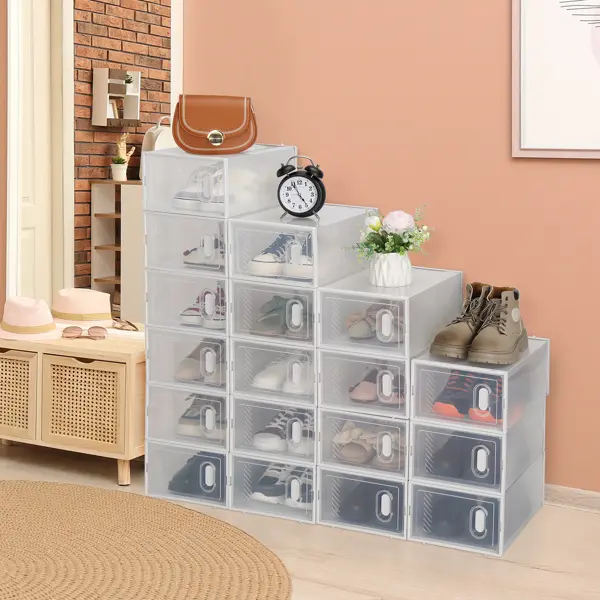 18 Boxes Set Clear Stackable Shoe Storage Box - Durable White Plastic Case Organizer for Men’s & Women’s Shoes (Size 5-10 / EU 37-44) | Easy to Installation, Assemble & Disassemble | Lightweight Transparent Design Rack Shelf Multicolor multifunctional 2