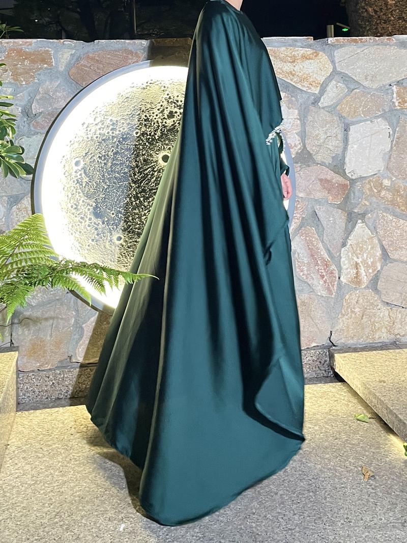 Product Introduction of 2025 Ramadan Promotion Two- piece Satin cape elegant dress , occasion abaya , Modest dress with pearl and crystal 17