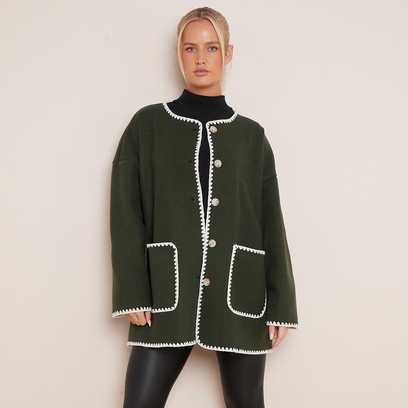Women's Casual Tori Wool Like Contrast Trim Scollop Stitching Tailored Jacket Scarf Coat One Size UK 8 - 14 6