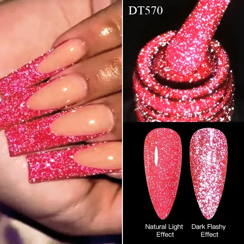 7ml Pink Fluorescent Reflective Gel Nail Polish Glitter Neon Semi Permanent UV LED Gel Nail Art Long Lasting Wipe Manicure Cutics Cosmetic Gift Drying