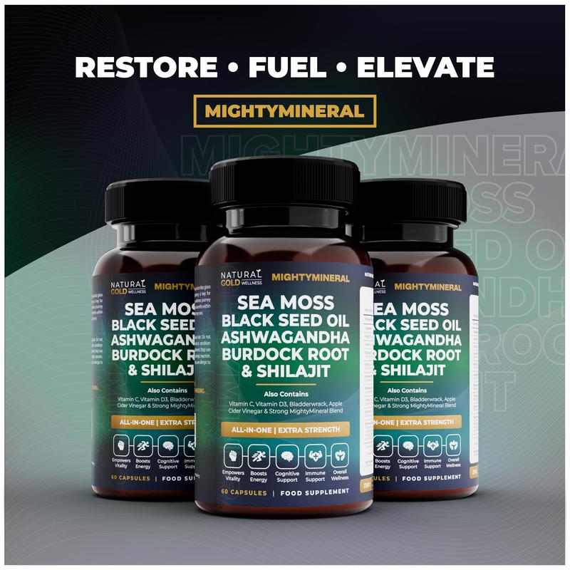 MightyMineral - Shilajit 4000MG, Sea Moss 8000MG, Ashwagandha 2000MG, Black Seed 3000MG, Burdock Root 2000MG | 5 IN 1 | ALL-IN-ONE | Optimum Healthcare Edible Dietary Natural Wellness & Fitness Supplement Highly Potent Capsules- Vegan 3
