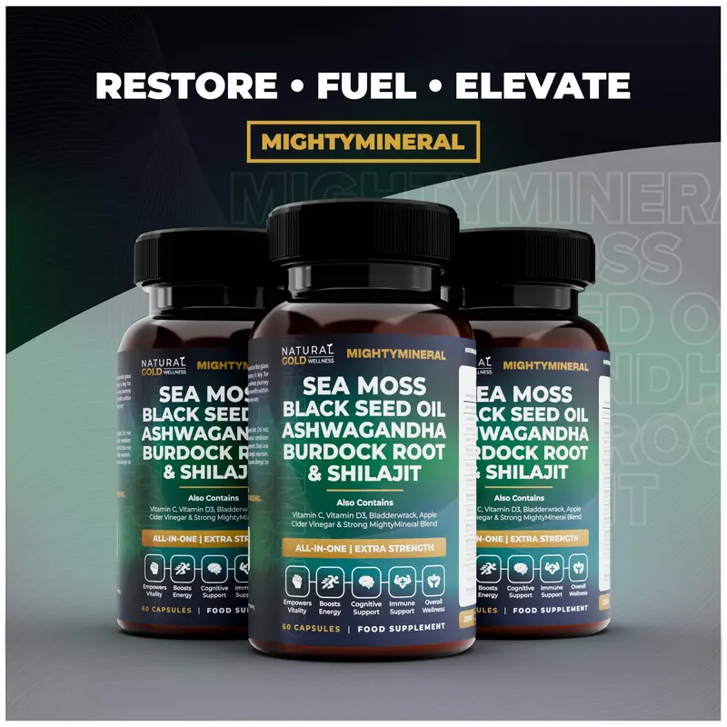 MightyMineral - Shilajit 4000MG, Sea Moss 8000MG, Ashwagandha 2000MG, Black Seed 3000MG, Burdock Root 2000MG | 5 IN 1 | ALL-IN-ONE | Optimum Healthcare Edible Dietary Natural Wellness & Fitness Supplement Highly Potent Capsules- Vegan 3