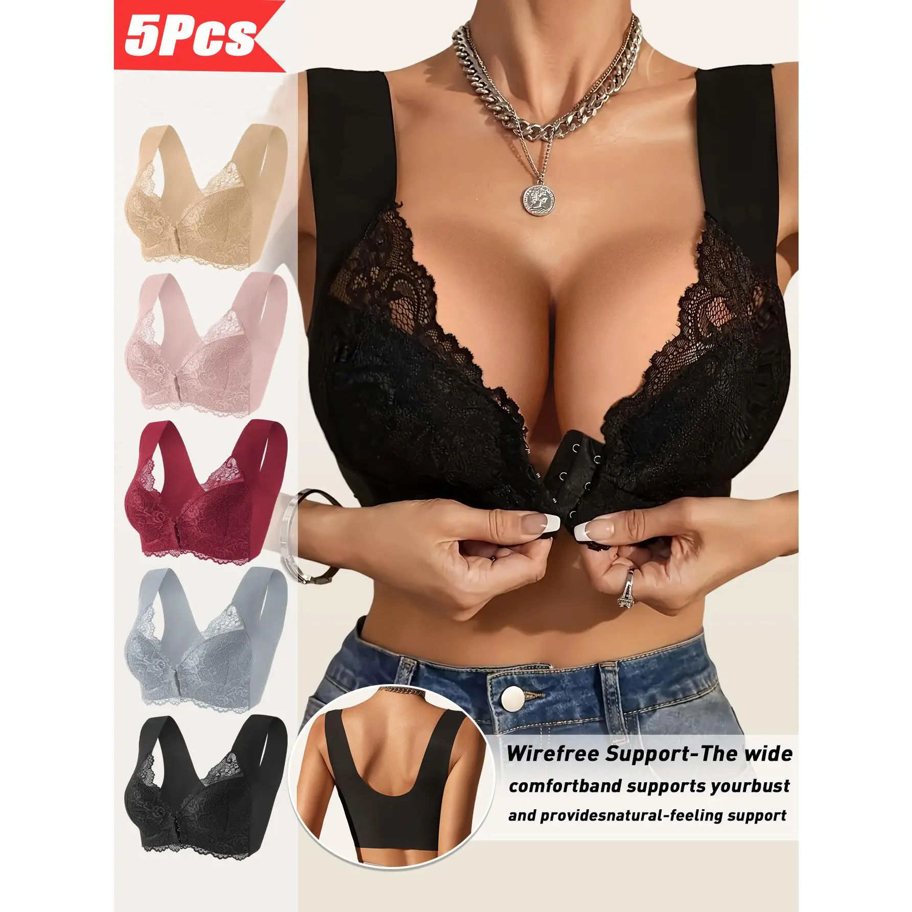 5pcs Women’s Sexy Lace Front Closure Wireless Bras - Deep V, Seamless Comfort, Soft Nylon Blend, Wide Straps, No Underwire, Breathable Design for Casual Attire, Running, and Fitness, Running Support Wear|Wirefree Bras|Smooth Texture Finish