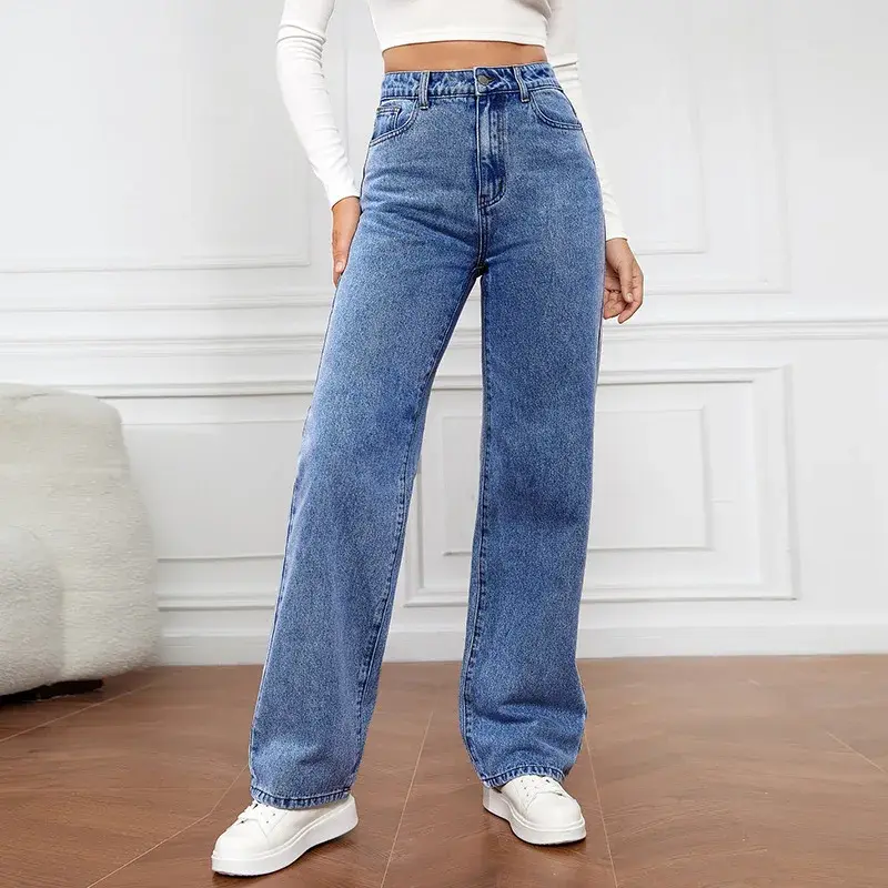 Women Jeans Straight Pants Denim Washing High Waist Loose Fit Pockets Basics Ankle Length Pants Solid Color Slight Strech 6