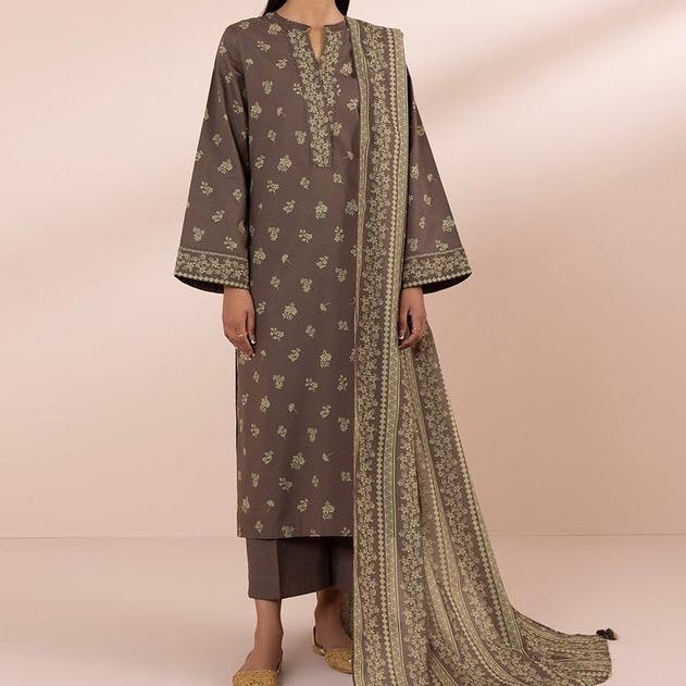 Original Sapphire 3pc tailor stitched lawn outfit: brown printed lawn shirt, cambric trouser and voile dupatta 1