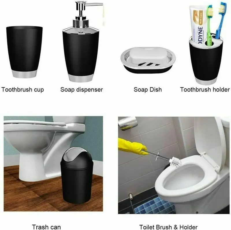 6PCS Bathroom Accessory Set - Waste Bin, Soap Dish, Soap Dispenser, Toilet Brush & Holder, Tooth Brush Holder, Rinse Cup - 4L Capacity 7