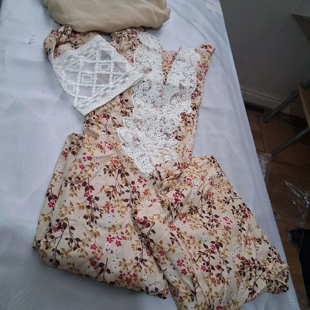 3 pc linen printed embroidered suit
