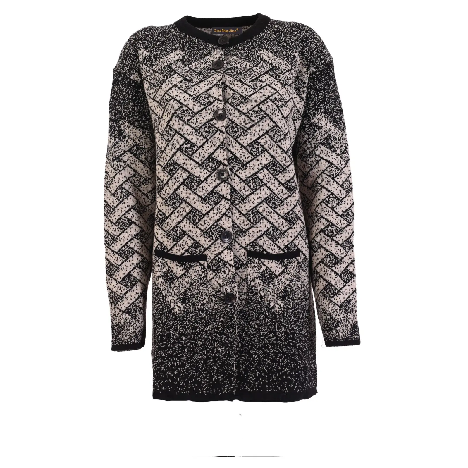 Lets Shop Shop Womens Wool Blend Knit Cardigan Crew Neck Longline Zig-Zag Design with Pockets Womenswear Casual Dress Elegance Garment Piece Suit Comfort Geometric
