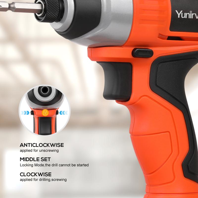 Product Introduction of Rechargeable Impact Driver 20V, Yunirvana Variable Speed (0-2800RPM) Cordless Impact Driver with 6Pcs Screwdriver bits,1.3Ah Battery and Charger，Suitable for Tightening Screws 10
