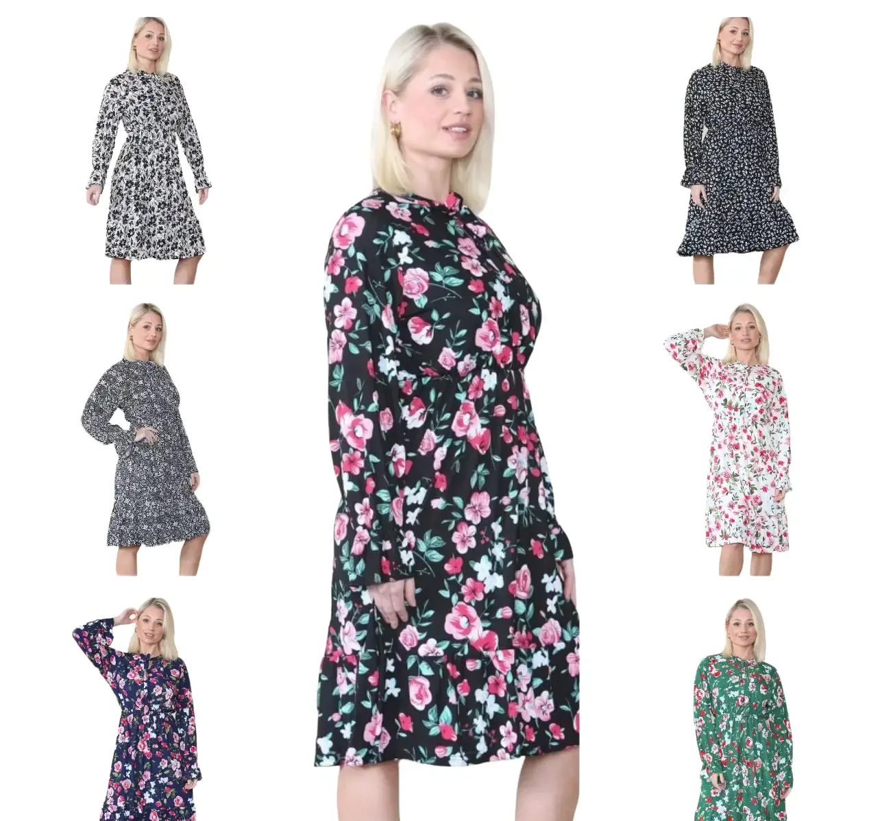 Ladies Womens Floral Summer Long Sleeve Knee Length Dress Modest Fashion Summer Fashion Holiday Dress Casual Elegant Fit Comfortable Spring Style Womenswear