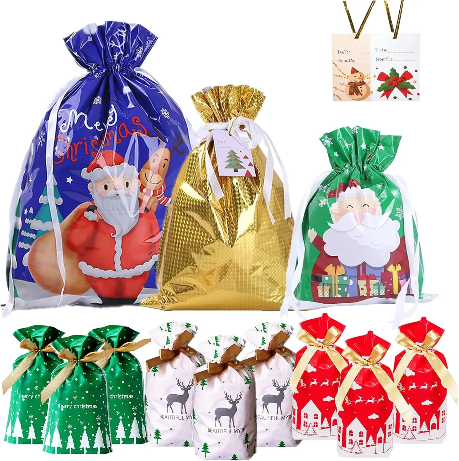 36Pcs Christmas Drawstring Gift Bags with 30 Tags,6 Design 4 Size Christmas Goody Bags Gift Wrapping Bags,Reusable Christmas Bags for Presents,Christmas Party,Holiday Decorations