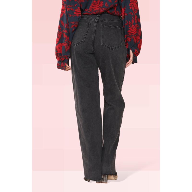 Women Black Denim Straight Leg Frayed Jeans - Wide Leg Raw Ripped Hem Pants, Loose Ripped End Denim Pants for Vintage Streetwear Fashion Personality Womenswear Baggy Bottom Casual Day Essential Fit Lightweight 3