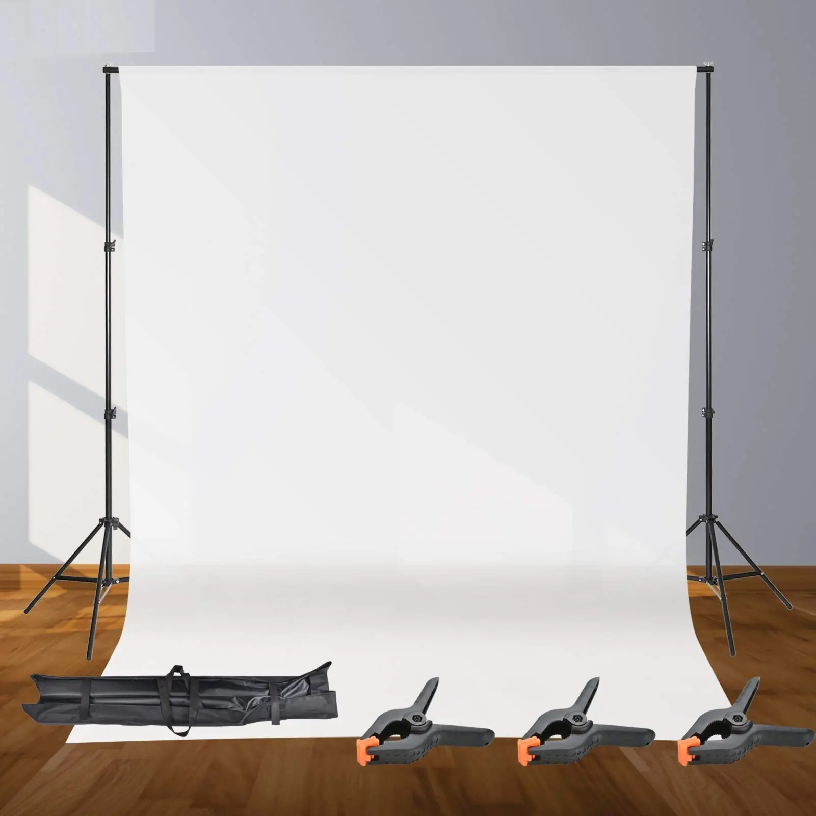 JF HOME BLISS  Photo Studio Backgrounds Muslin Collapsible Backdrop Adjustable Background Frame Background Support Stand with 3 Photography Clamps 1.6 x 3 m White