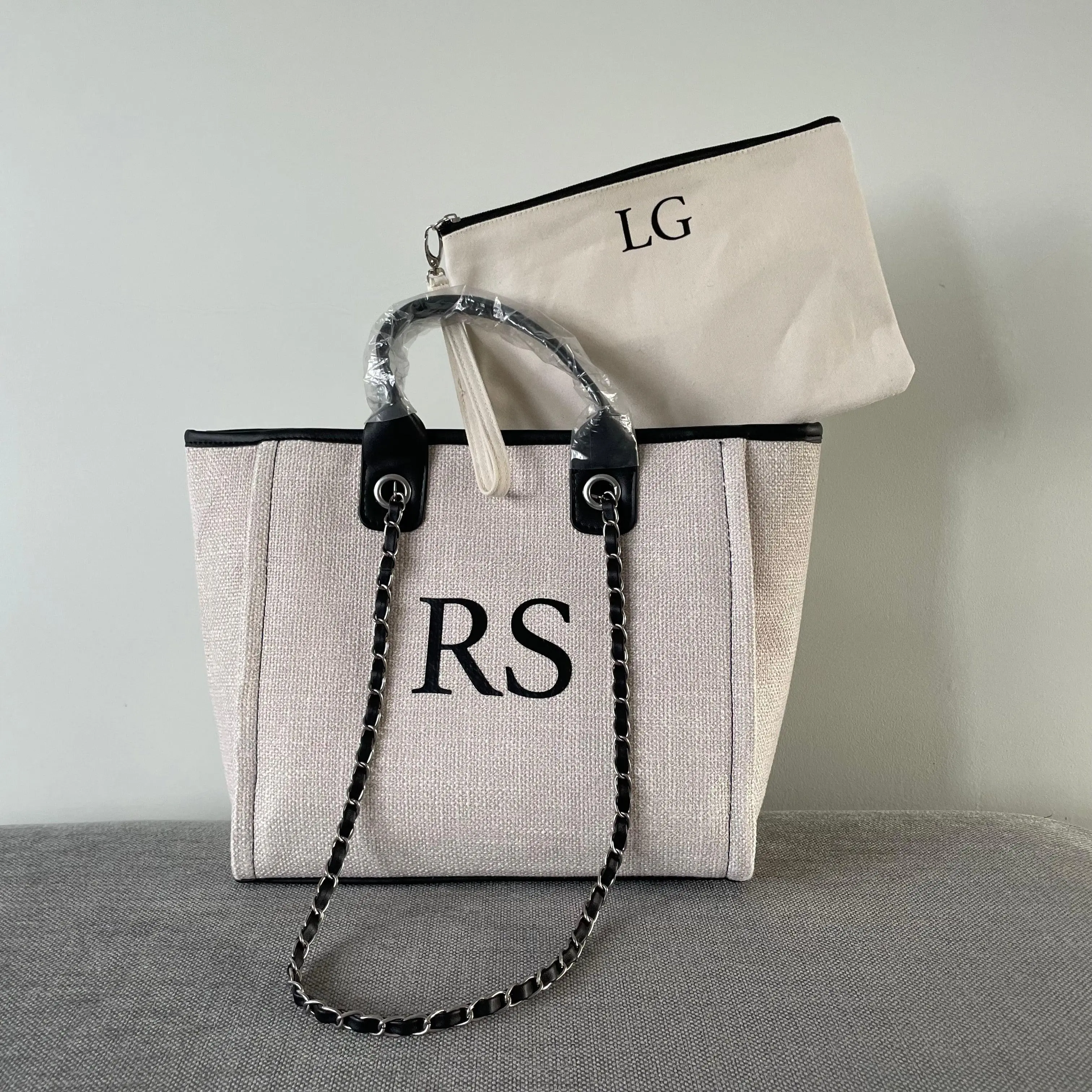 Personalised White & Black Large Chain Initial Tote Bags