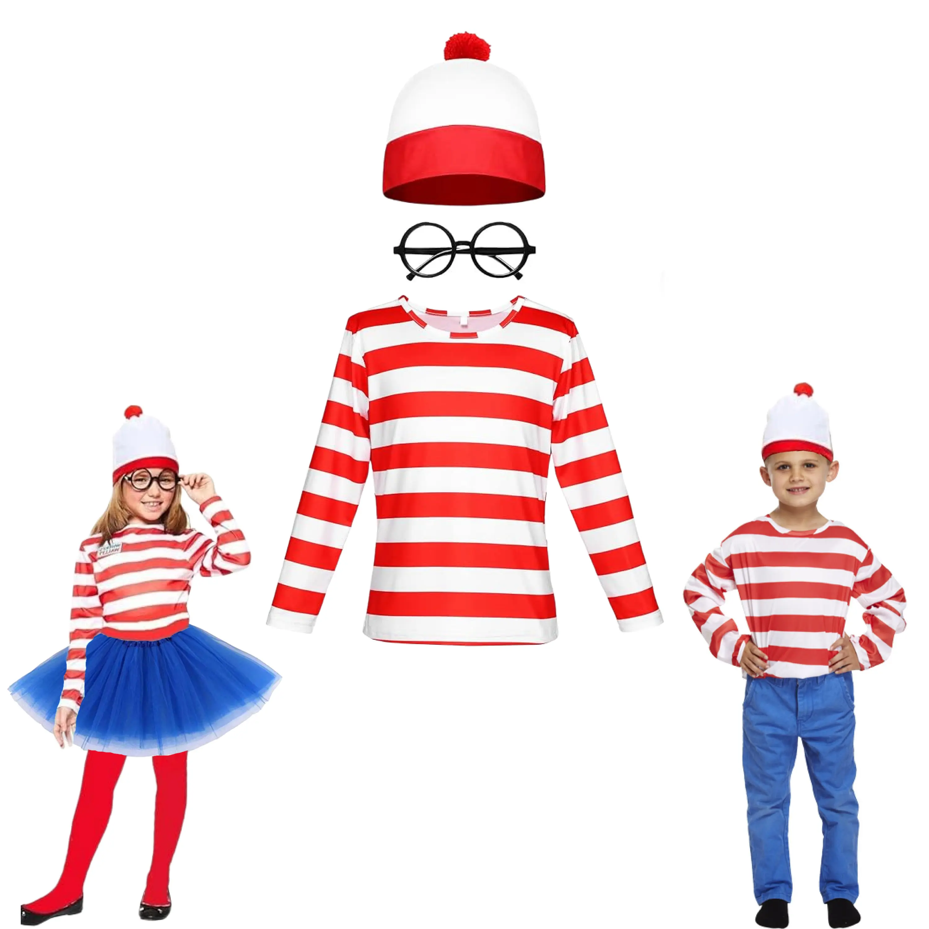 Wally Boys & Girls Unisex Red & White Striped T-Shirt, Hat & Glasses | Kids Children's Fancy Dress Costume For Book Week Day, School Cosplay Party