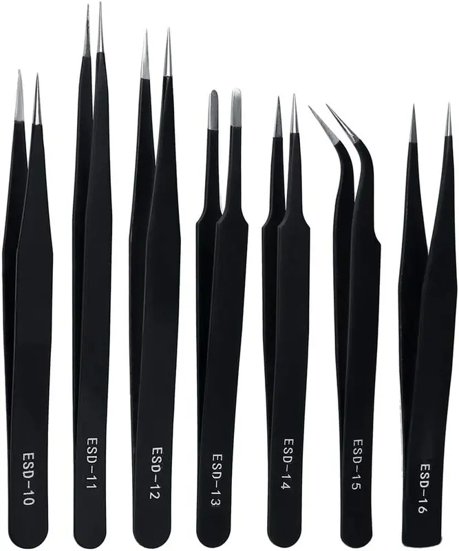 Precision ESD Anti-Static Tweezers, 7 pcs Stainless Steel Tweezers Set for Electronics, Jewelry-Making, Laboratory Work, Repairing, Hobbies 0