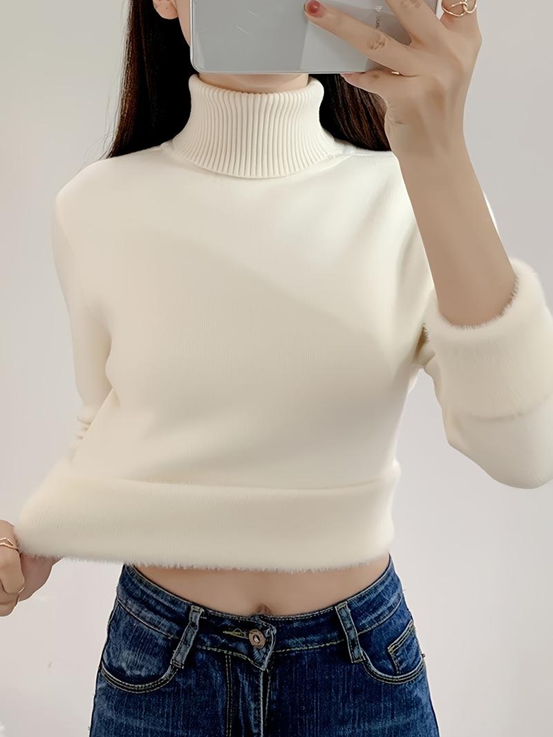 Product Introduction of Women's Thickened Fleece Lined Slim Fit Top, Warm Turtleneck Pullover, Casual Style Long Sleeve Base Layer Top For Winter Knitwear Womenswear Underwear Comfort Lady Knitting 7