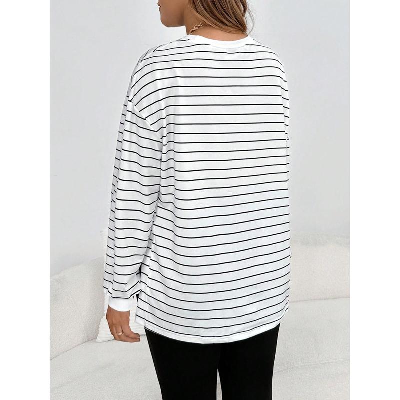 Maternity Striped Print Drop Shoulder Split Hem Tee With Long Sleeve 1