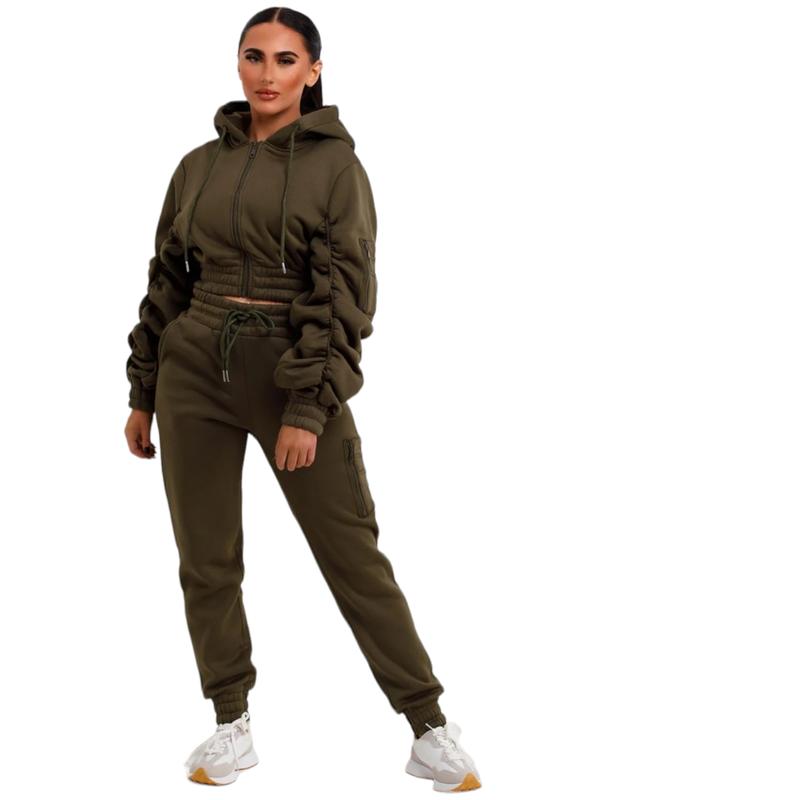 Women's Crop Rushed Hooded Zip set Oversized 2 Piece Loungewear Tracksuit Co-Ord Joggers  Top Set Size 8-16 Comfort Long Sleeve Womenswear Breathable Casual Comfortable Fitness Pants Coat Drawstring Pockets Soft Stretchy  Trouser Fabric viral  lounge 3