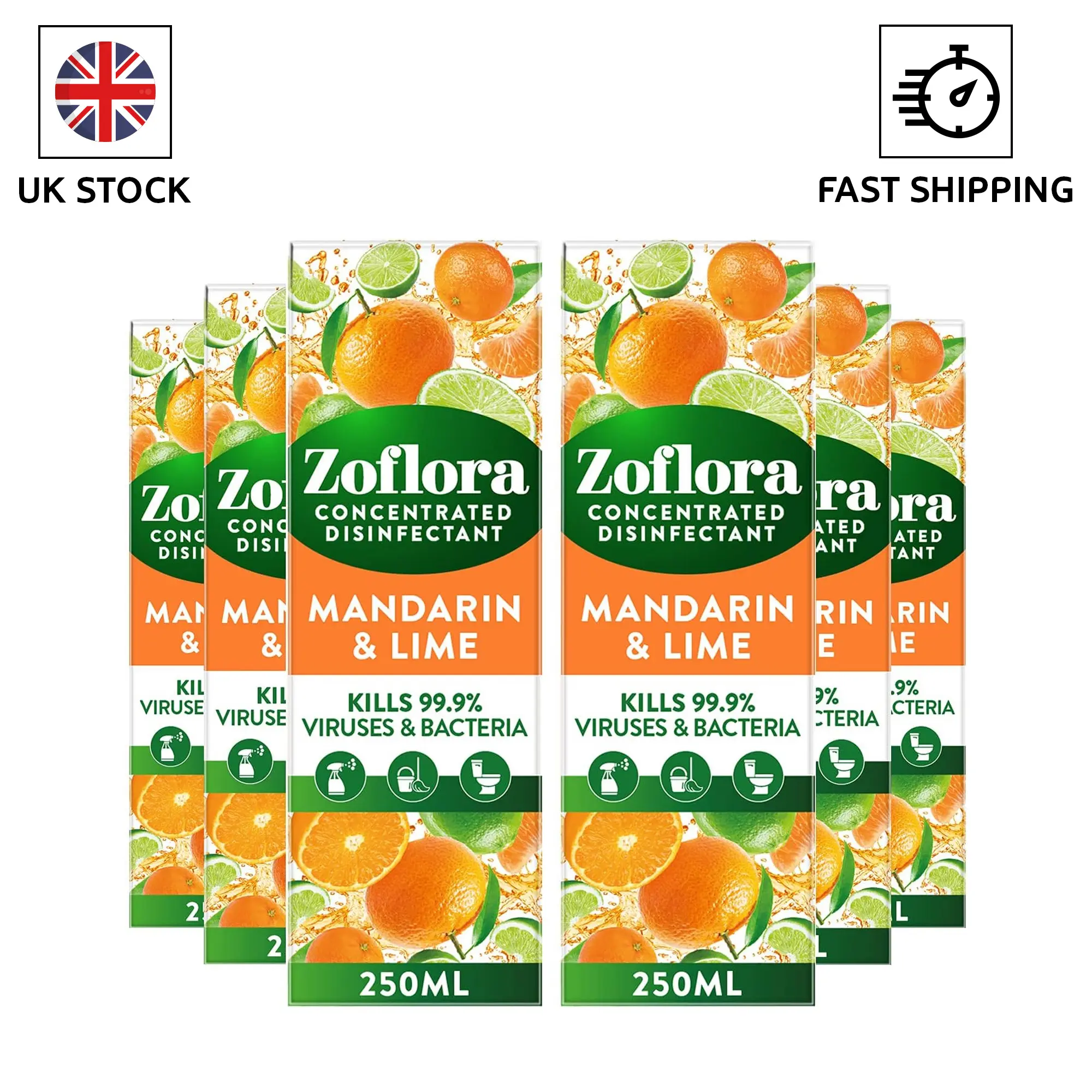 Zoflora Mandarin & Lime 6-Pack 250ml Concentrated 3-in-1 Multipurpose Disinfectant - Kills 99.9% of Bacteria & Viruses - Household