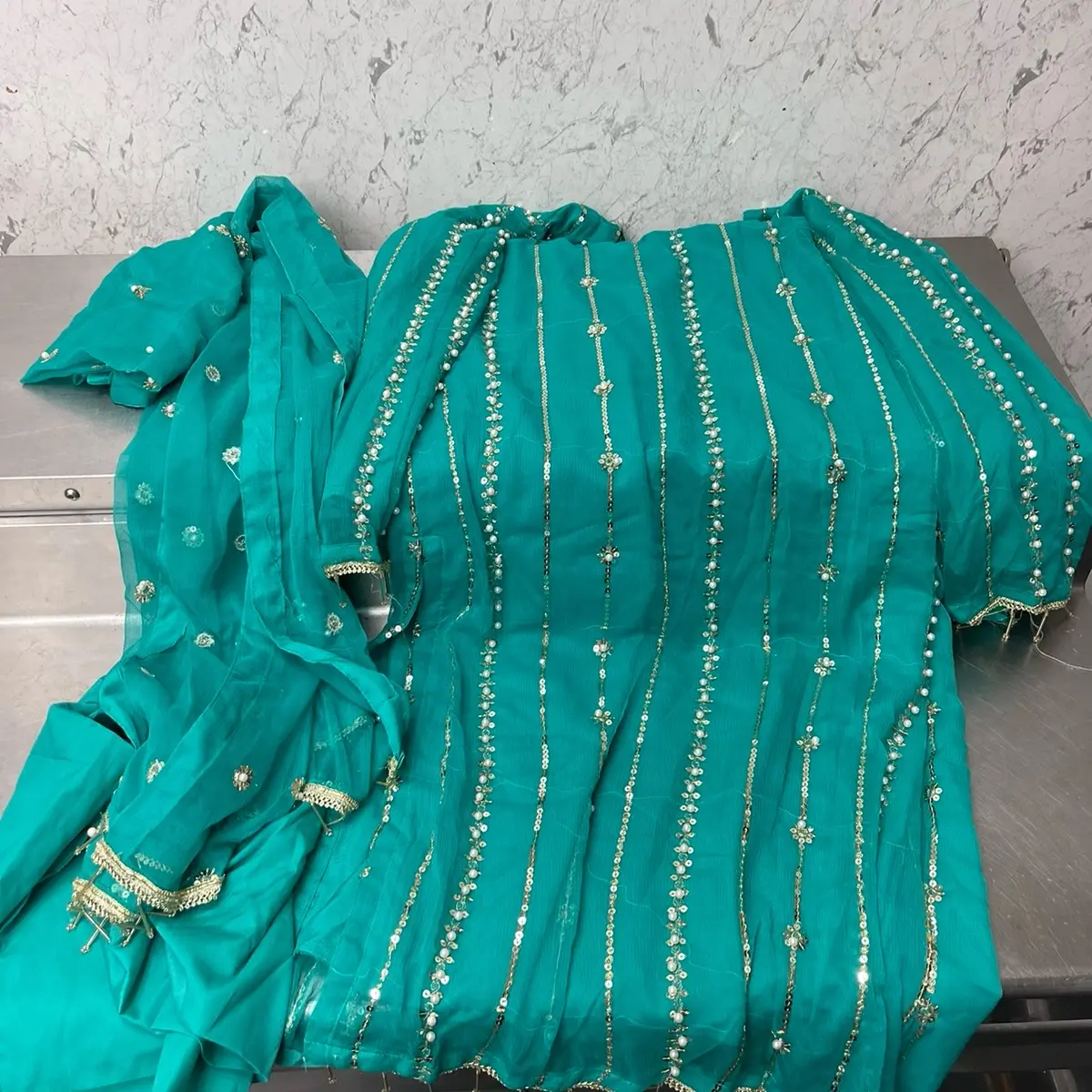 Aqua pearl beaded heavy work suit with fancy dupatta Asian wear