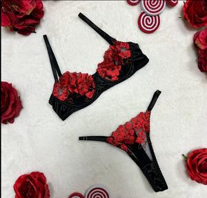Liliosa Lingerie Elegant Floral Embroidery Silky Satin Red & Black Sexy Lingerie Set (Clasp Bra+Adjustable Panty), Adjustable Spaghetti Straps, Elegance Bralettes Bra Comfort Thin Thong , Comfortable  Contrast Mesh Sheer Womenswear Underwear Fabric Fit