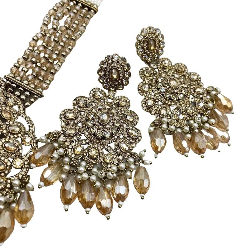 Gana Gold Stone Long Necklace Set - Antique Gold Indian Jewellery (Free Delivery) 1