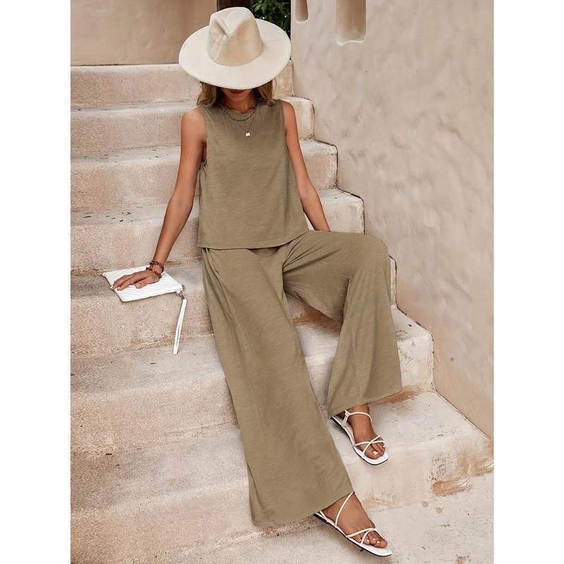 Solid Elegant Two-piece Set, Sleeveless Tank Top & Wide Leg Loose Pants Outfits, Women's Clothing 4