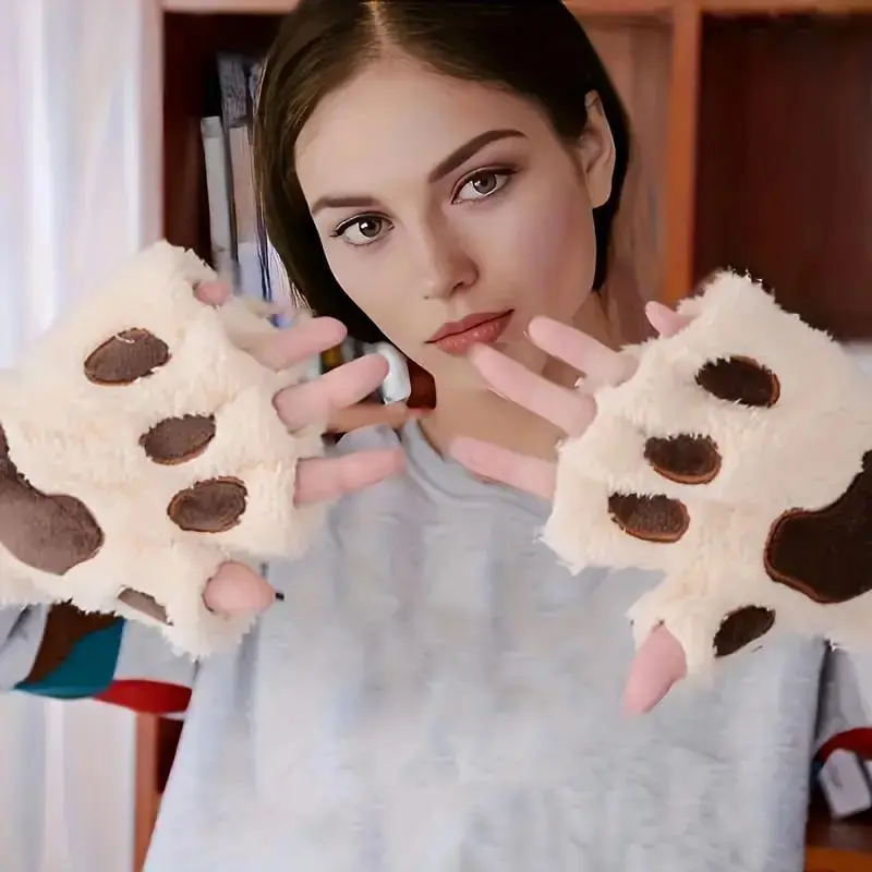 Cozy Plush Half Finger Gloves with Cat Claw Design, Soft and Warm Winter Gloves for Women 1